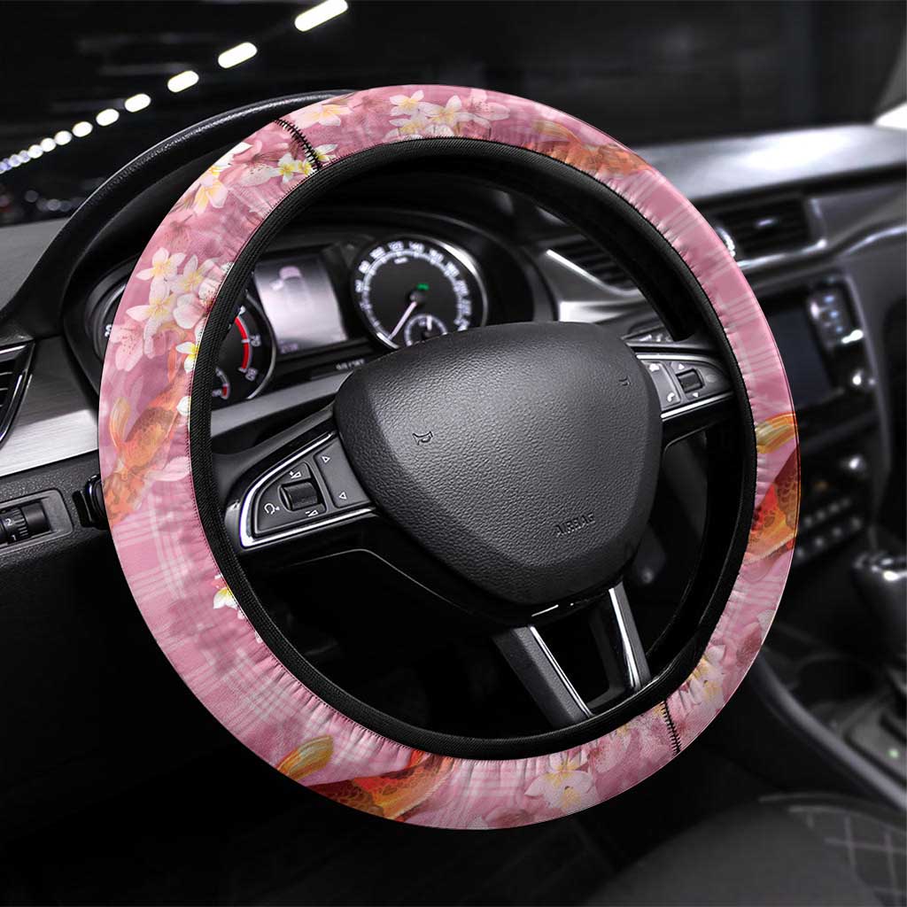 Pink Palaka Hawaiian And Japanese Steering Wheel Cover Sakura Lei With Koi Fish - Polynesian Pride