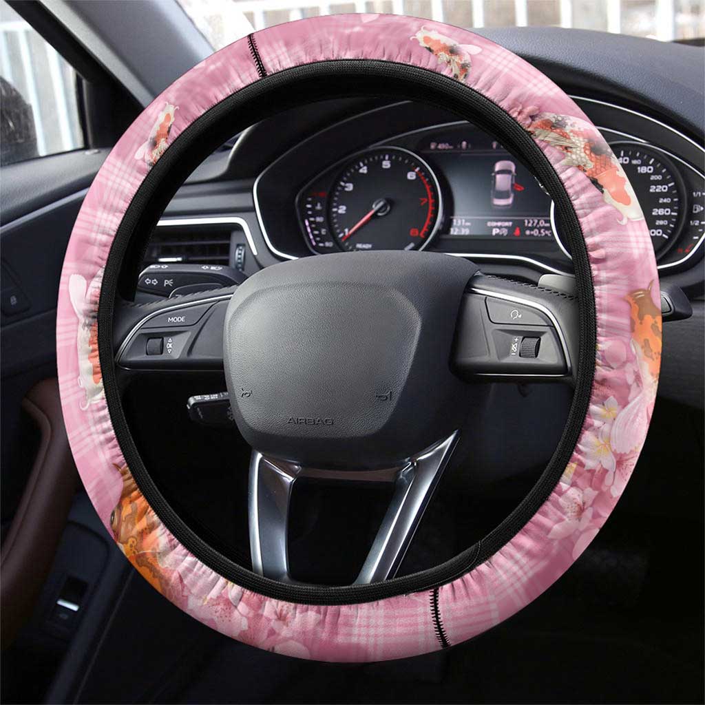 Pink Palaka Hawaiian And Japanese Steering Wheel Cover Sakura Lei With Koi Fish - Polynesian Pride