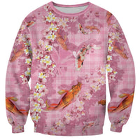 Pink Palaka Hawaiian And Japanese Sweatshirt Sakura Lei With Koi Fish - Polynesian Pride