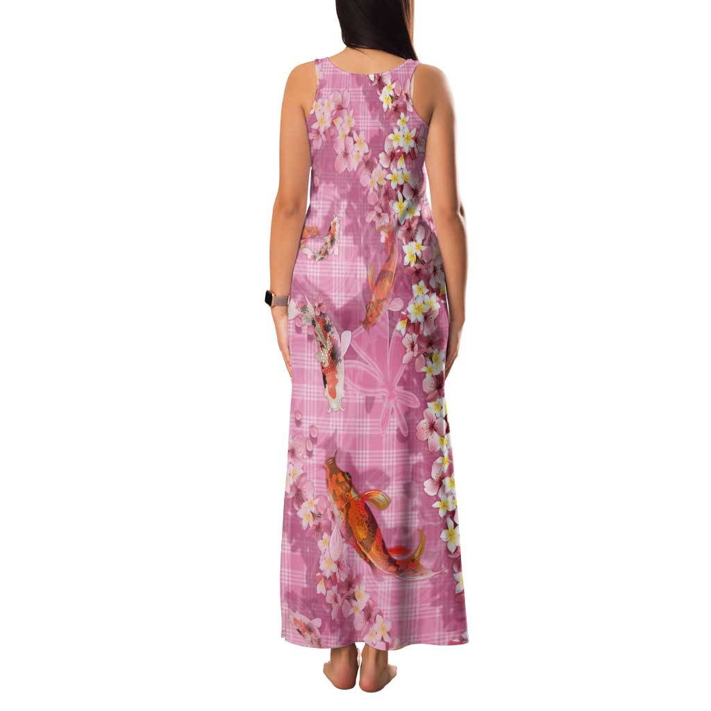 Pink Palaka Hawaiian And Japanese Tank Maxi Dress Sakura Lei With Koi Fish - Polynesian Pride