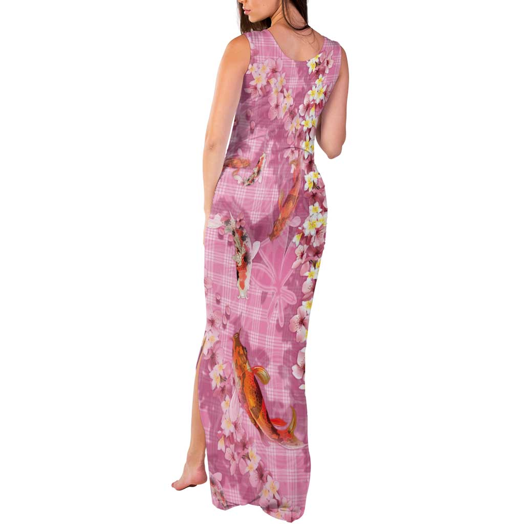 Pink Palaka Hawaiian And Japanese Tank Maxi Dress Sakura Lei With Koi Fish - Polynesian Pride