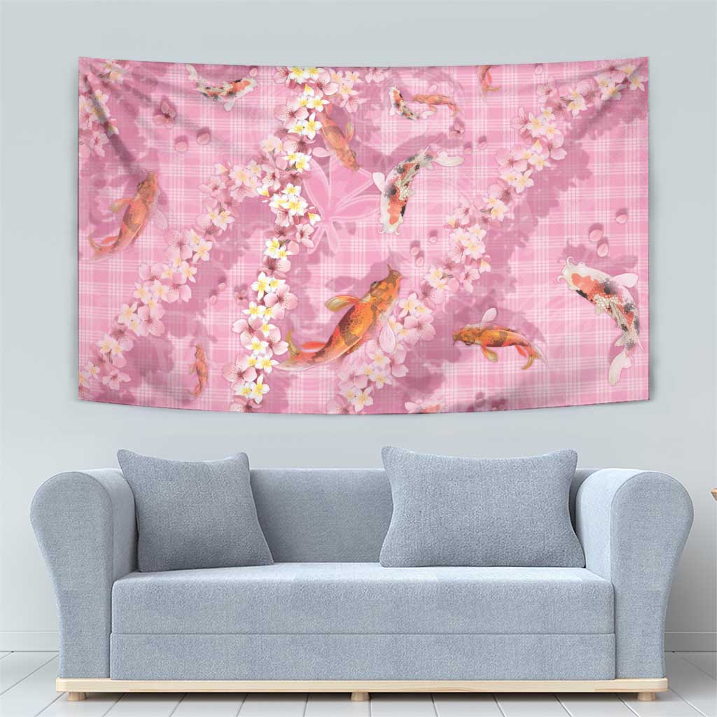 Pink Palaka Hawaiian And Japanese Tapestry Sakura Lei With Koi Fish - Polynesian Pride