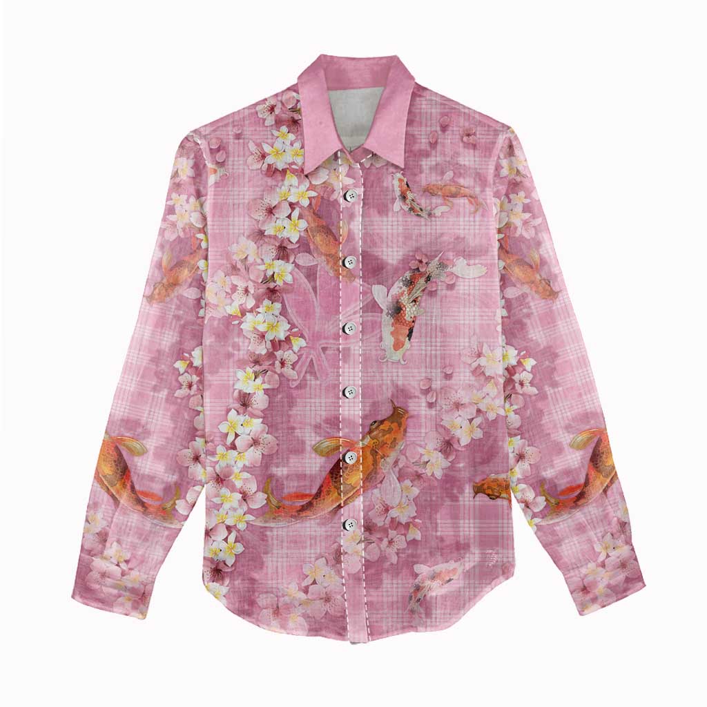 Pink Palaka Hawaiian And Japanese Women Casual Shirt Sakura Lei With Koi Fish - Polynesian Pride