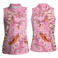 Pink Palaka Hawaiian And Japanese Women Sleeveless Polo Shirt Sakura Lei With Koi Fish - Polynesian Pride
