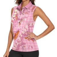 Pink Palaka Hawaiian And Japanese Women Sleeveless Polo Shirt Sakura Lei With Koi Fish - Polynesian Pride