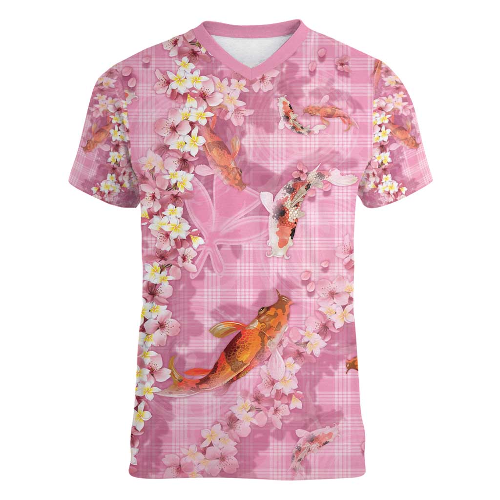 Pink Palaka Hawaiian And Japanese Women V-Neck T-Shirt Sakura Lei With Koi Fish - Polynesian Pride