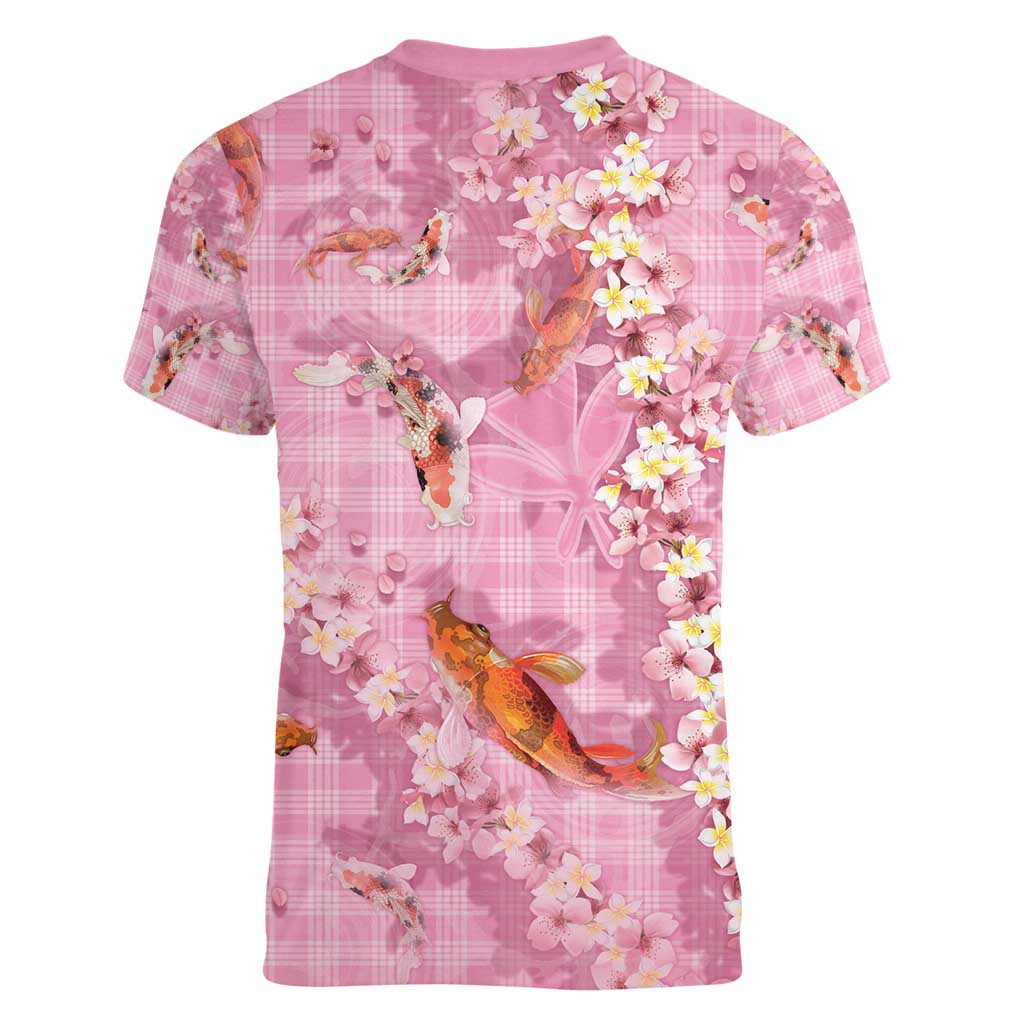 Pink Palaka Hawaiian And Japanese Women V-Neck T-Shirt Sakura Lei With Koi Fish - Polynesian Pride