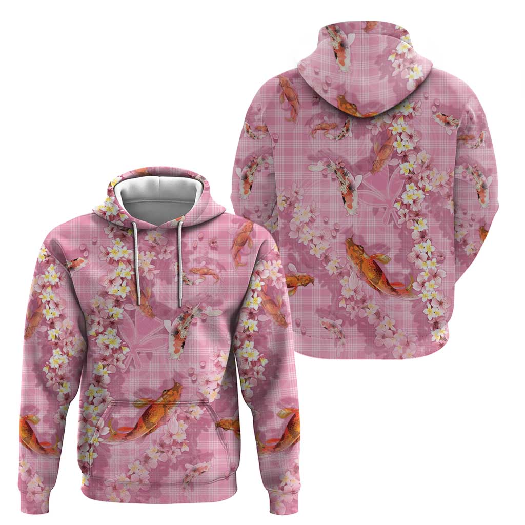 Pink Palaka Hawaiian And Japanese Zip Hoodie Sakura Lei With Koi Fish - Polynesian Pride