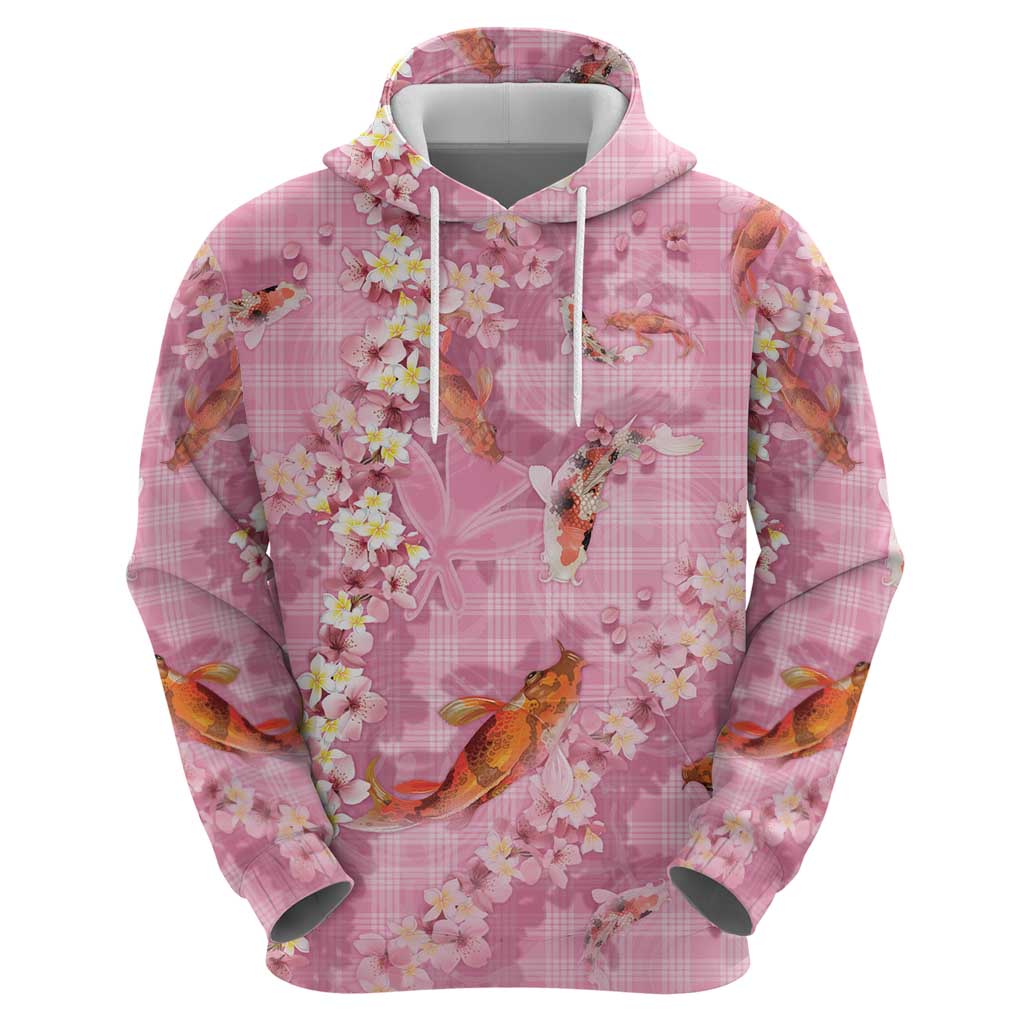 Pink Palaka Hawaiian And Japanese Zip Hoodie Sakura Lei With Koi Fish - Polynesian Pride