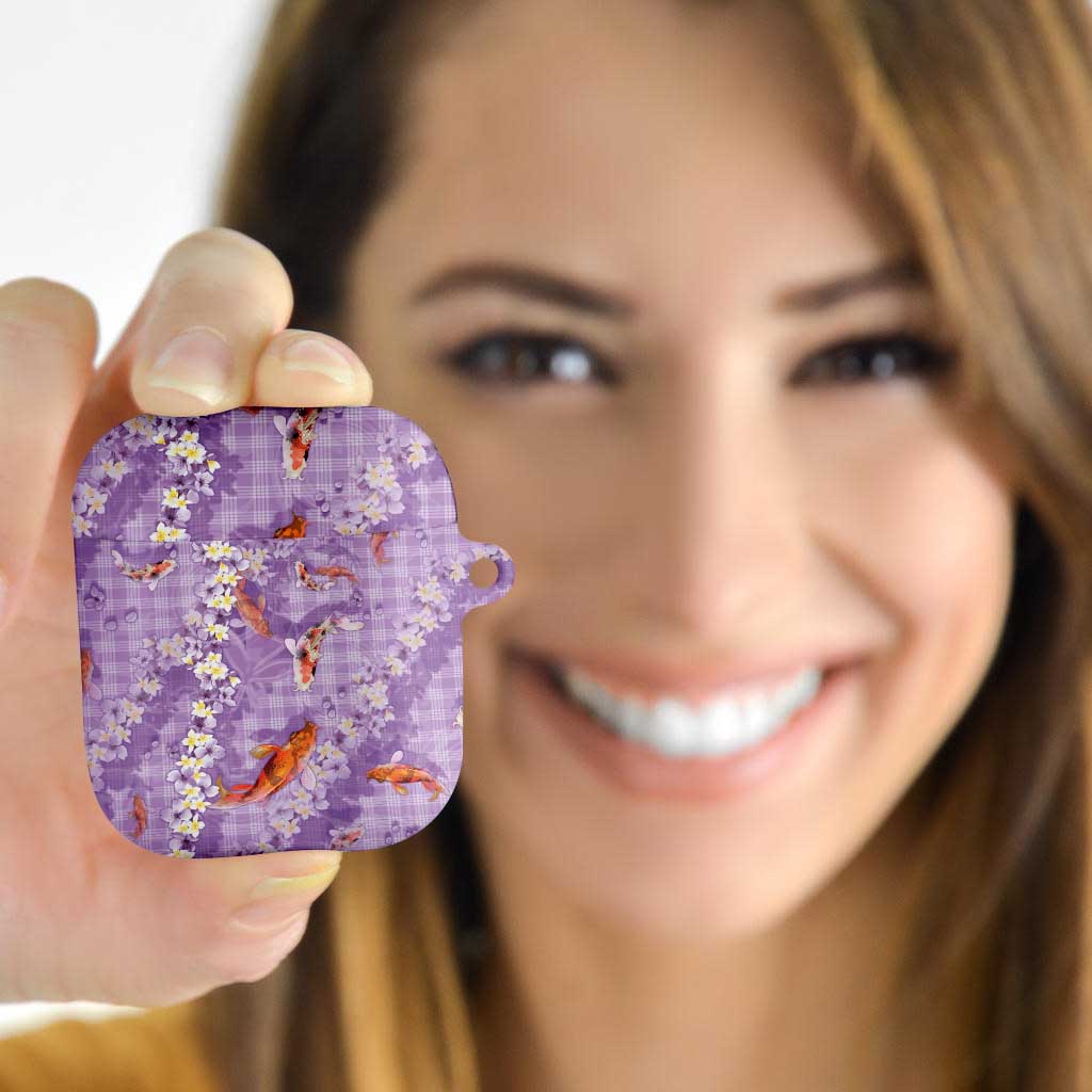 Purple Palaka Hawaiian And Japanese AirPods Case Sakura Lei With Koi Fish - Polynesian Pride