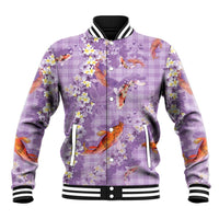 Purple Palaka Hawaiian And Japanese Baseball Jacket Sakura Lei With Koi Fish - Polynesian Pride