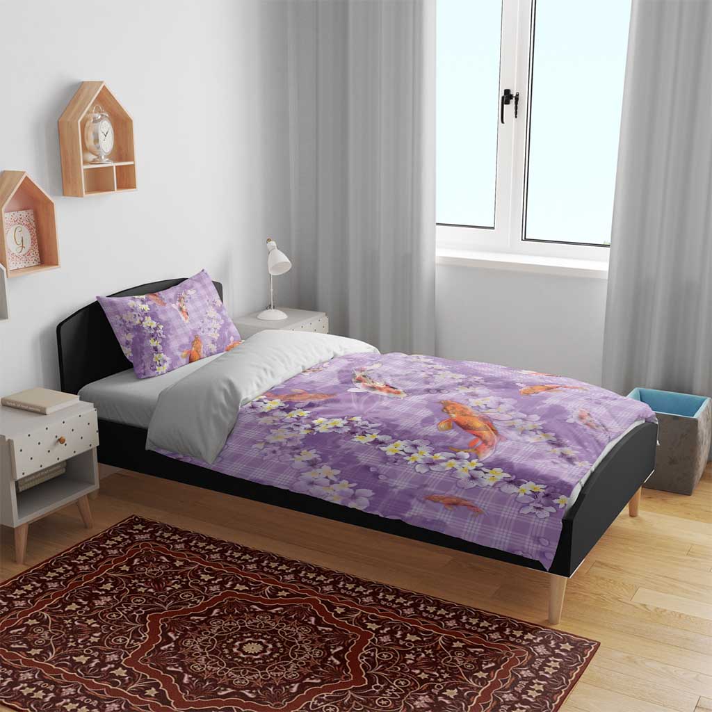 Purple Palaka Hawaiian And Japanese Bedding Set Sakura Lei With Koi Fish - Polynesian Pride