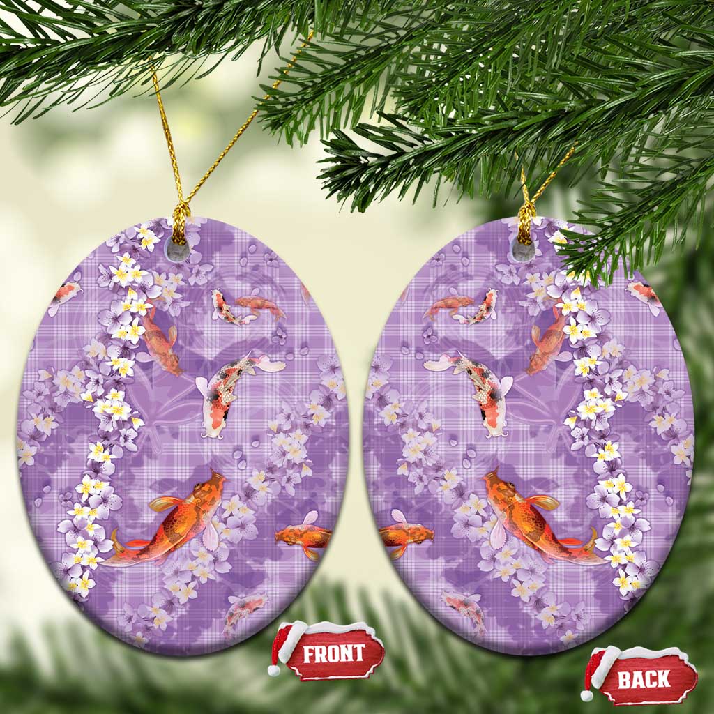 Purple Palaka Hawaiian And Japanese Ceramic Ornament Sakura Lei With Koi Fish - Polynesian Pride