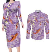 Purple Palaka Hawaiian And Japanese Couples Matching Long Sleeve Bodycon Dress and Long Sleeve Button Shirt Sakura Lei With Koi Fish DT05 Purple - Polynesian Pride