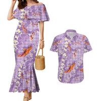 Purple Palaka Hawaiian And Japanese Couples Matching Mermaid Dress and Hawaiian Shirt Sakura Lei With Koi Fish DT05 Purple - Polynesian Pride