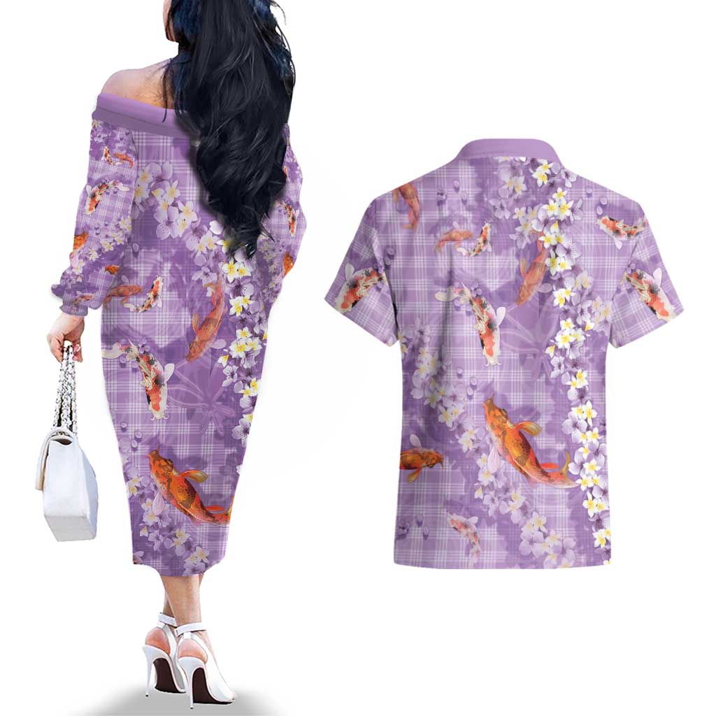 Purple Palaka Hawaiian And Japanese Couples Matching Off The Shoulder Long Sleeve Dress and Hawaiian Shirt Sakura Lei With Koi Fish DT05 - Polynesian Pride