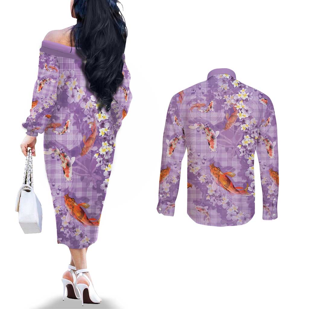 Purple Palaka Hawaiian And Japanese Couples Matching Off The Shoulder Long Sleeve Dress and Long Sleeve Button Shirt Sakura Lei With Koi Fish DT05 - Polynesian Pride
