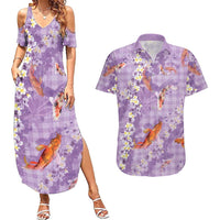 Purple Palaka Hawaiian And Japanese Couples Matching Summer Maxi Dress and Hawaiian Shirt Sakura Lei With Koi Fish DT05 Purple - Polynesian Pride