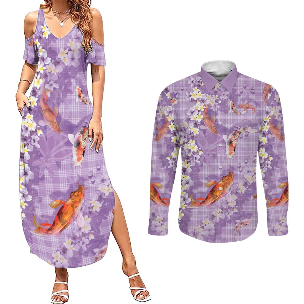 Purple Palaka Hawaiian And Japanese Couples Matching Summer Maxi Dress and Long Sleeve Button Shirt Sakura Lei With Koi Fish - Polynesian Pride
