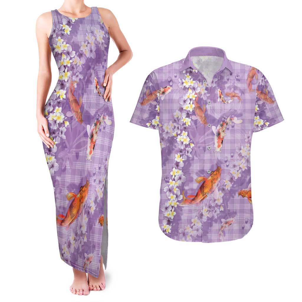 Purple Palaka Hawaiian And Japanese Couples Matching Tank Maxi Dress and Hawaiian Shirt Sakura Lei With Koi Fish - Polynesian Pride