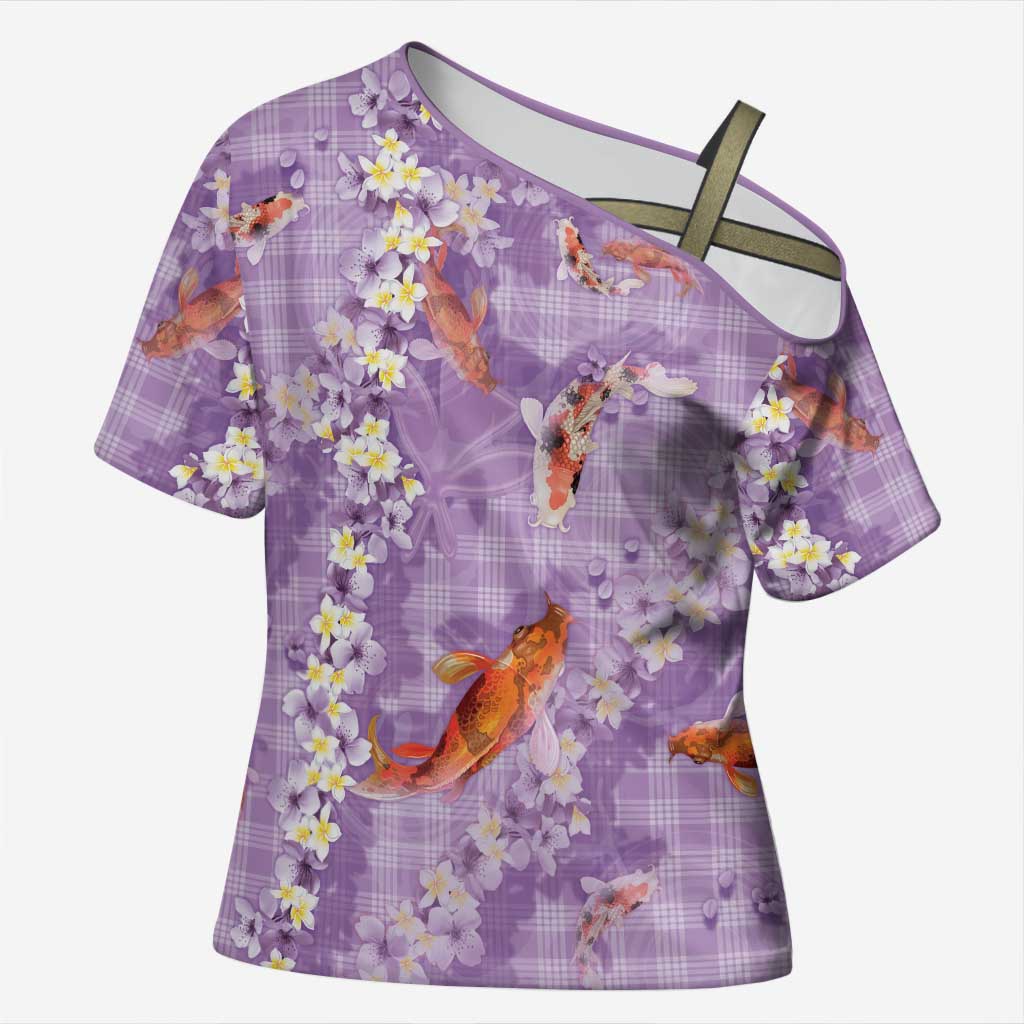 Purple Palaka Hawaiian And Japanese Cross Shoulder Shirt Sakura Lei With Koi Fish - Polynesian Pride