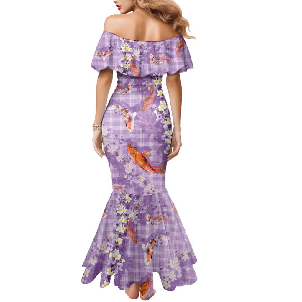 Purple Palaka Hawaiian And Japanese Family Matching Mermaid Dress and Hawaiian Shirt Sakura Lei With Koi Fish DT05 - Polynesian Pride