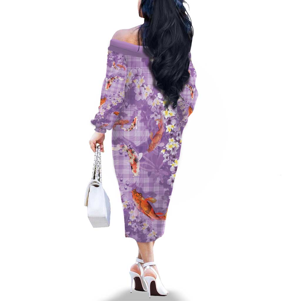 Purple Palaka Hawaiian And Japanese Family Matching Off The Shoulder Long Sleeve Dress and Hawaiian Shirt Sakura Lei With Koi Fish DT05 - Polynesian Pride