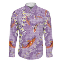 Purple Palaka Hawaiian And Japanese Family Matching Off Shoulder Maxi Dress and Hawaiian Shirt Sakura Lei With Koi Fish DT05 Dad's Shirt - Long Sleeve Purple - Polynesian Pride