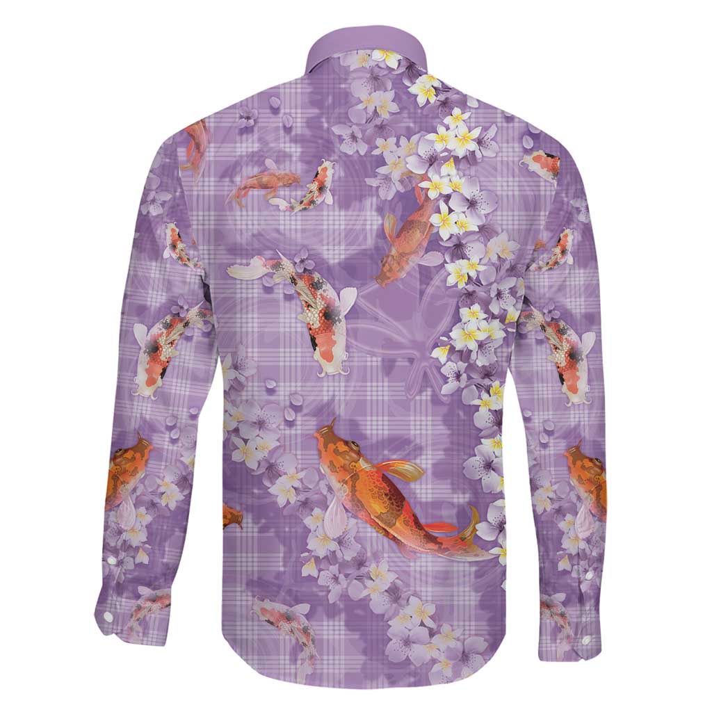 Purple Palaka Hawaiian And Japanese Family Matching Off Shoulder Maxi Dress and Hawaiian Shirt Sakura Lei With Koi Fish DT05 - Polynesian Pride