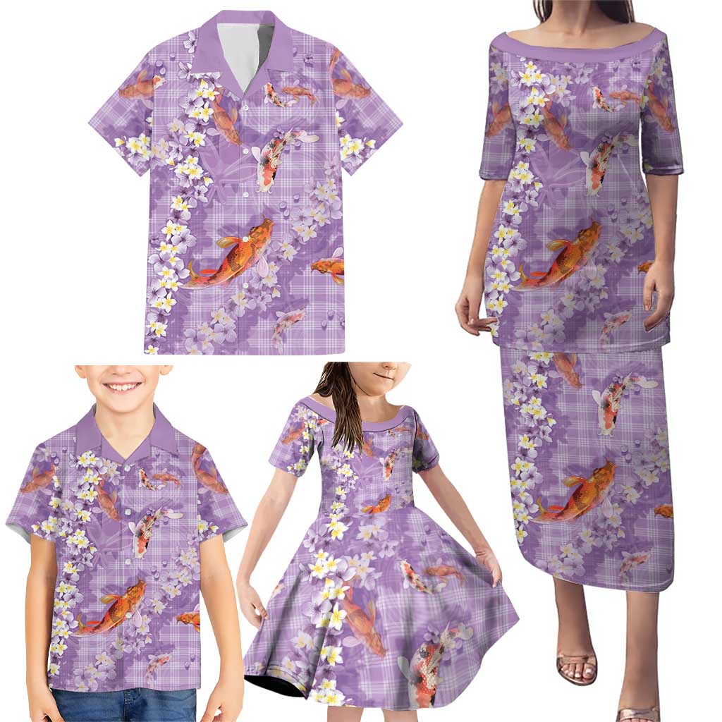 Purple Palaka Hawaiian And Japanese Family Matching Puletasi and Hawaiian Shirt Sakura Lei With Koi Fish - Polynesian Pride