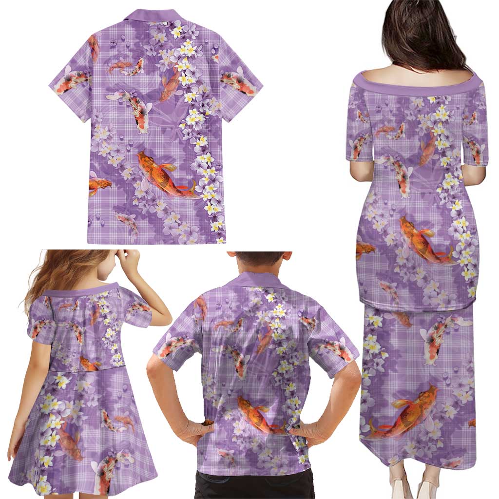 Purple Palaka Hawaiian And Japanese Family Matching Puletasi and Hawaiian Shirt Sakura Lei With Koi Fish DT05 - Polynesian Pride