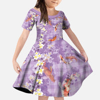 Purple Palaka Hawaiian And Japanese Family Matching Short Sleeve Bodycon Dress and Hawaiian Shirt Sakura Lei With Koi Fish DT05 Daughter's Dress Purple - Polynesian Pride