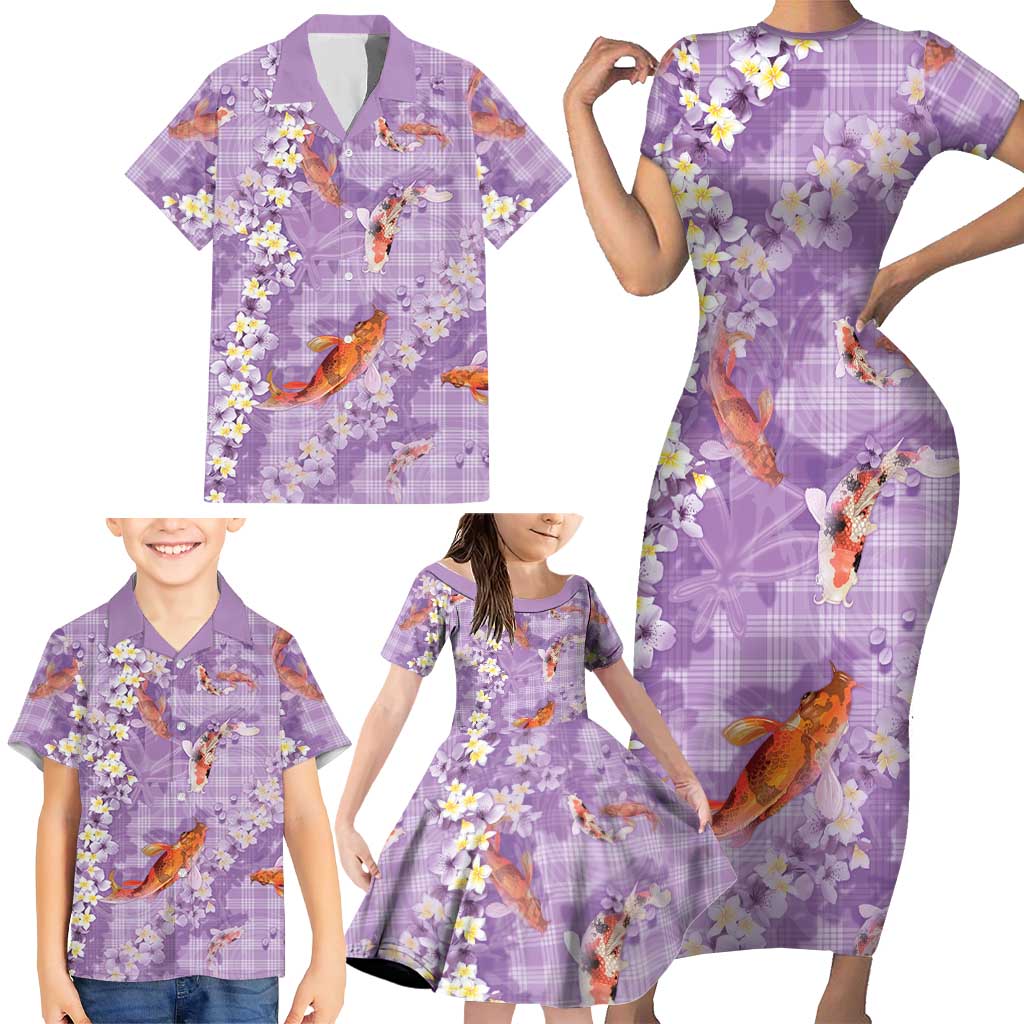Purple Palaka Hawaiian And Japanese Family Matching Short Sleeve Bodycon Dress and Hawaiian Shirt Sakura Lei With Koi Fish - Polynesian Pride