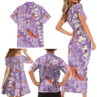 Purple Palaka Hawaiian And Japanese Family Matching Short Sleeve Bodycon Dress and Hawaiian Shirt Sakura Lei With Koi Fish DT05 - Polynesian Pride