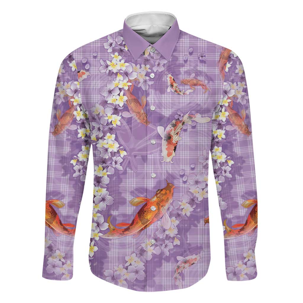 Purple Palaka Hawaiian And Japanese Family Matching Tank Maxi Dress and Hawaiian Shirt Sakura Lei With Koi Fish DT05 Dad's Shirt - Long Sleeve Purple - Polynesian Pride