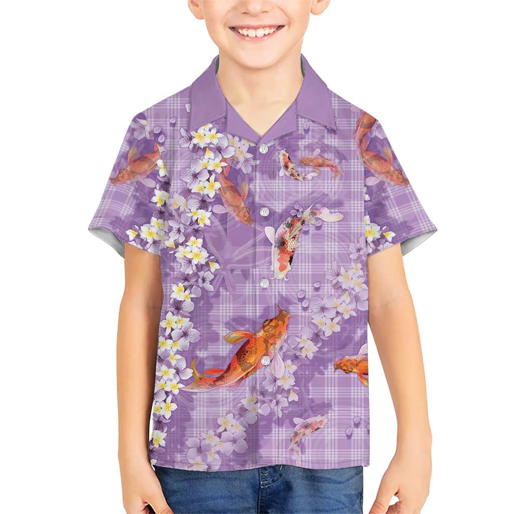 Purple Palaka Hawaiian And Japanese Family Matching Tank Maxi Dress and Hawaiian Shirt Sakura Lei With Koi Fish DT05 Son's Shirt Purple - Polynesian Pride