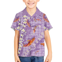 Purple Palaka Hawaiian And Japanese Family Matching Tank Maxi Dress and Hawaiian Shirt Sakura Lei With Koi Fish DT05 Son's Shirt Purple - Polynesian Pride