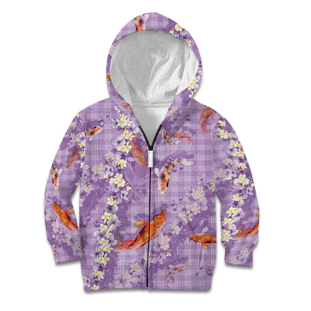 Purple Palaka Hawaiian And Japanese Kid Hoodie Sakura Lei With Koi Fish DT05 Zip Hoodie Purple - Polynesian Pride