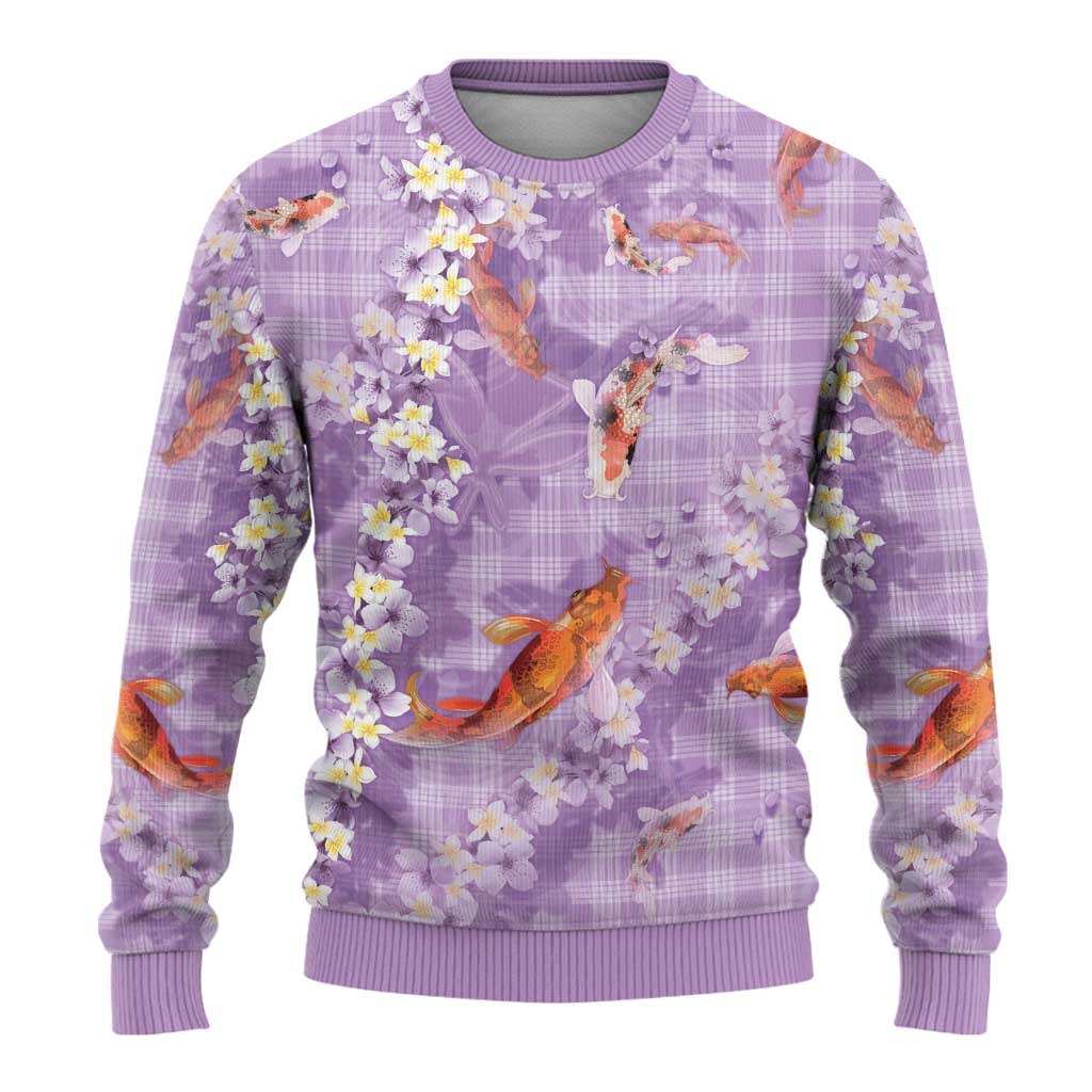 Purple Palaka Hawaiian And Japanese Ugly Christmas Sweater Sakura Lei With Koi Fish - Polynesian Pride