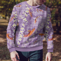 Purple Palaka Hawaiian And Japanese Ugly Christmas Sweater Sakura Lei With Koi Fish - Polynesian Pride