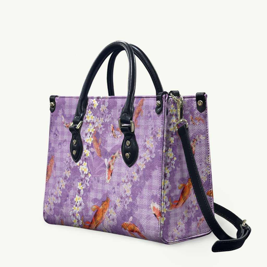 Purple Palaka Hawaiian And Japanese Leather Bag Sakura Lei With Koi Fish - Polynesian Pride