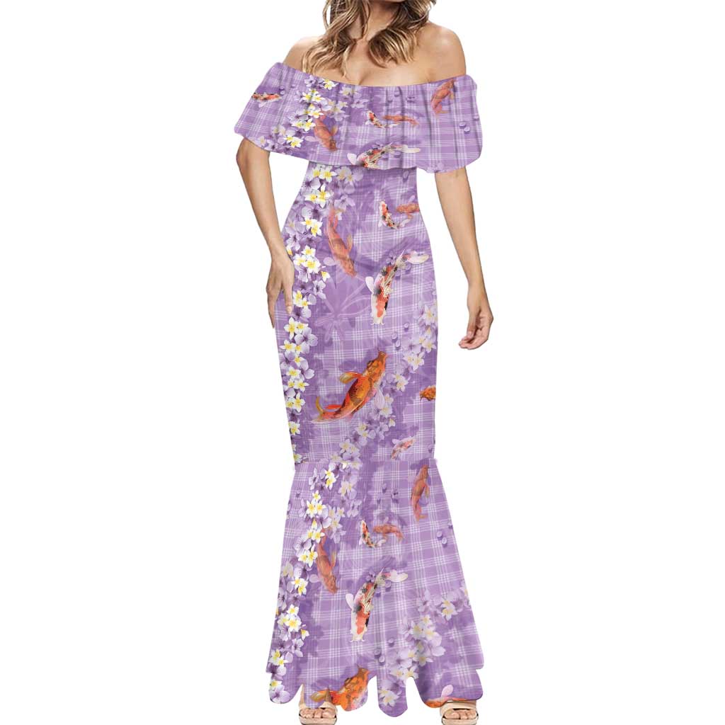 Purple Palaka Hawaiian And Japanese Mermaid Dress Sakura Lei With Koi Fish DT05 - Polynesian Pride