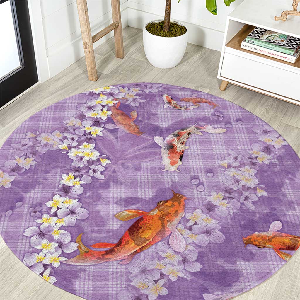 Purple Palaka Hawaiian And Japanese Round Carpet Sakura Lei With Koi Fish - Polynesian Pride