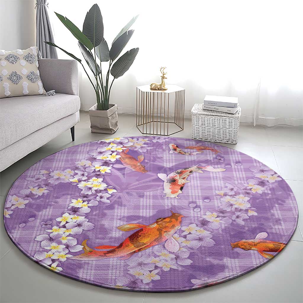 Purple Palaka Hawaiian And Japanese Round Carpet Sakura Lei With Koi Fish - Polynesian Pride