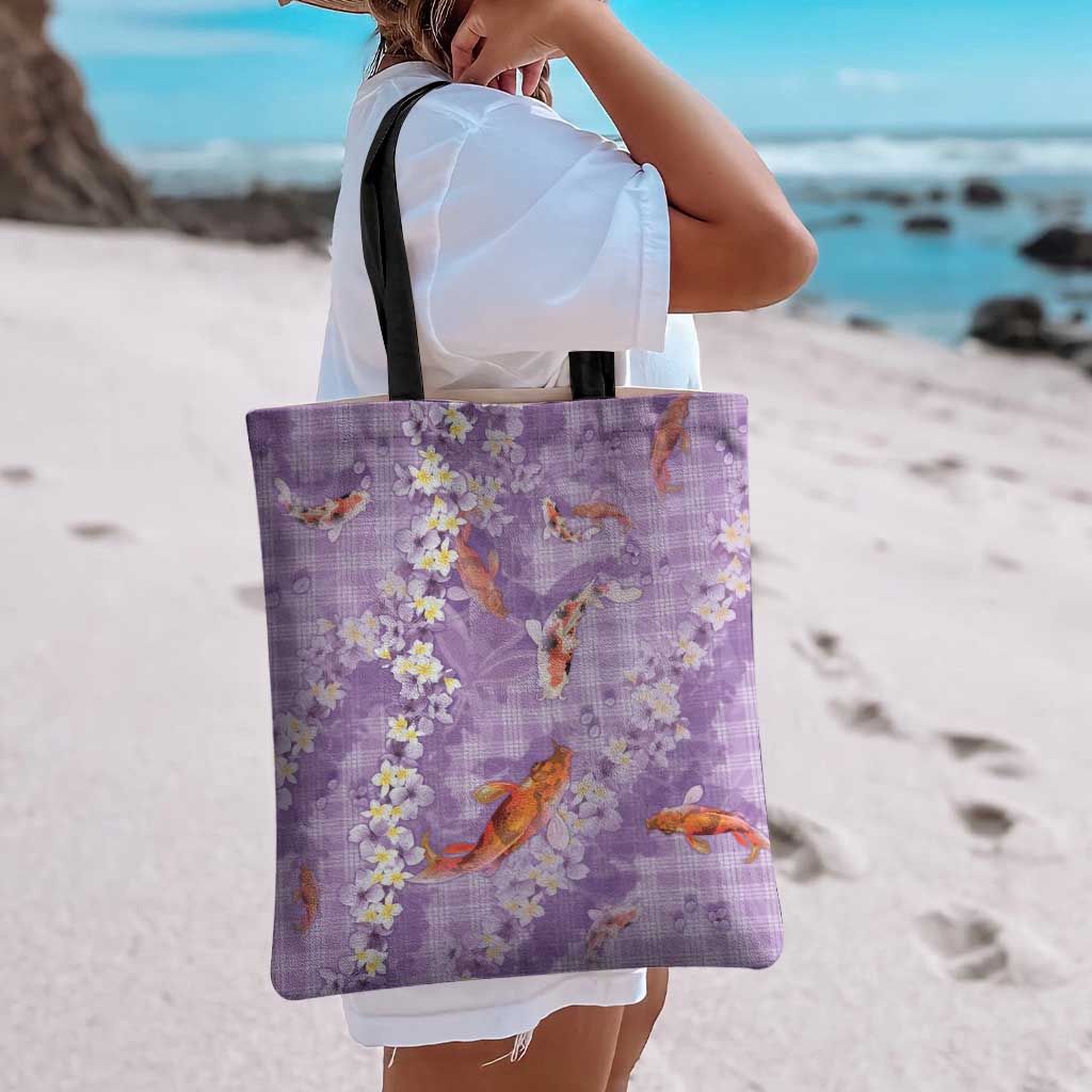 Purple Palaka Hawaiian And Japanese Tote Bag Sakura Lei With Koi Fish - Polynesian Pride