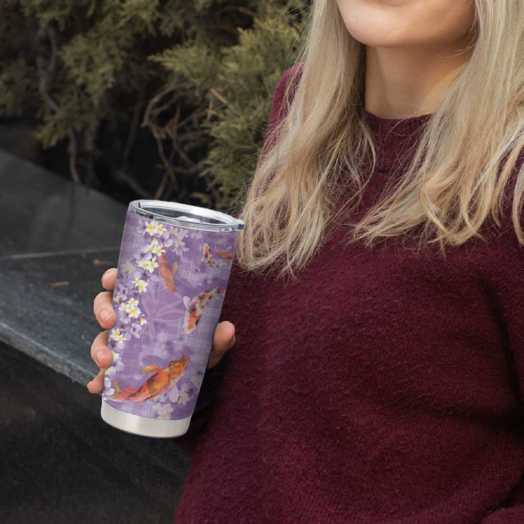 Purple Palaka Hawaiian And Japanese Tumbler Cup Sakura Lei With Koi Fish - Polynesian Pride