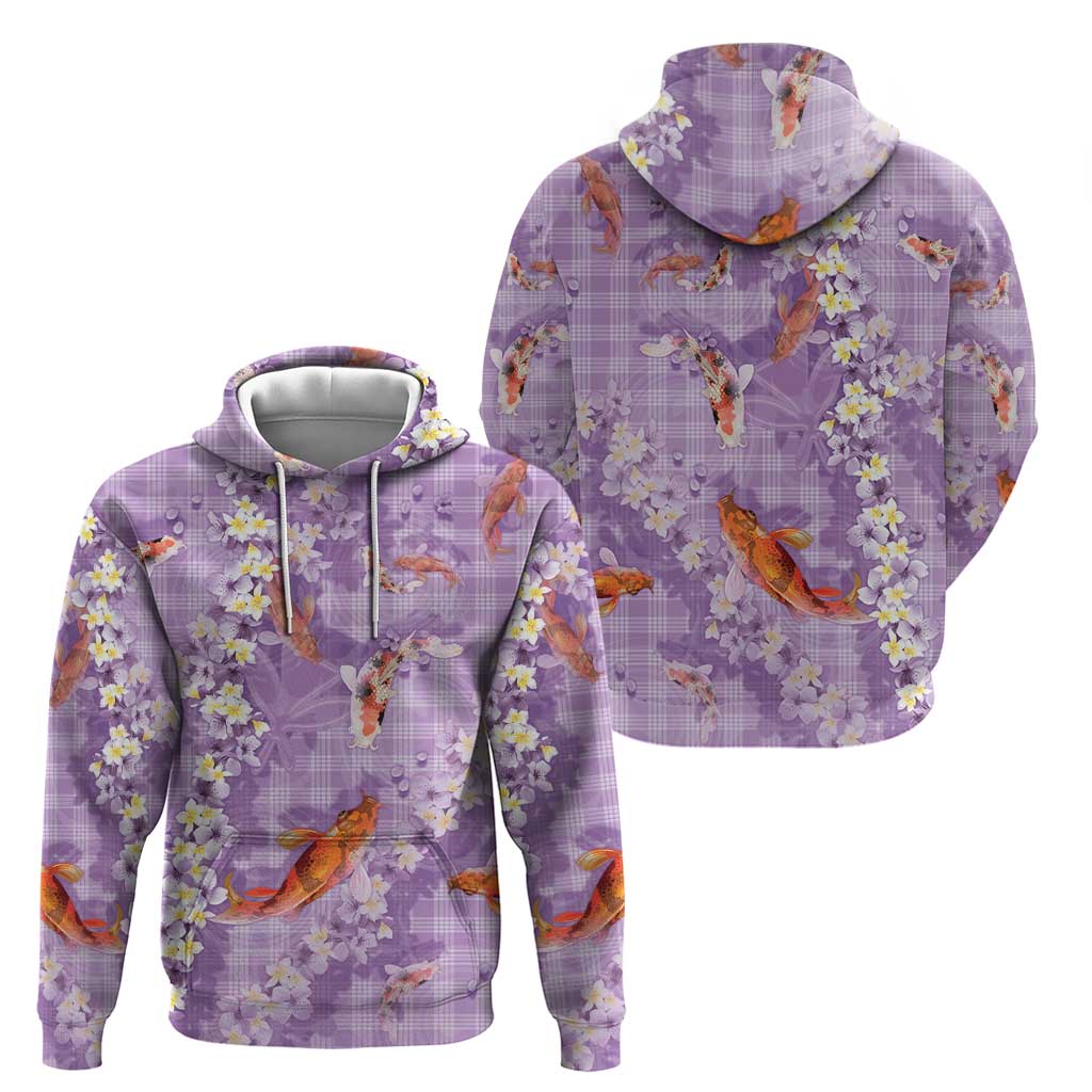 Purple Palaka Hawaiian And Japanese Zip Hoodie Sakura Lei With Koi Fish - Polynesian Pride