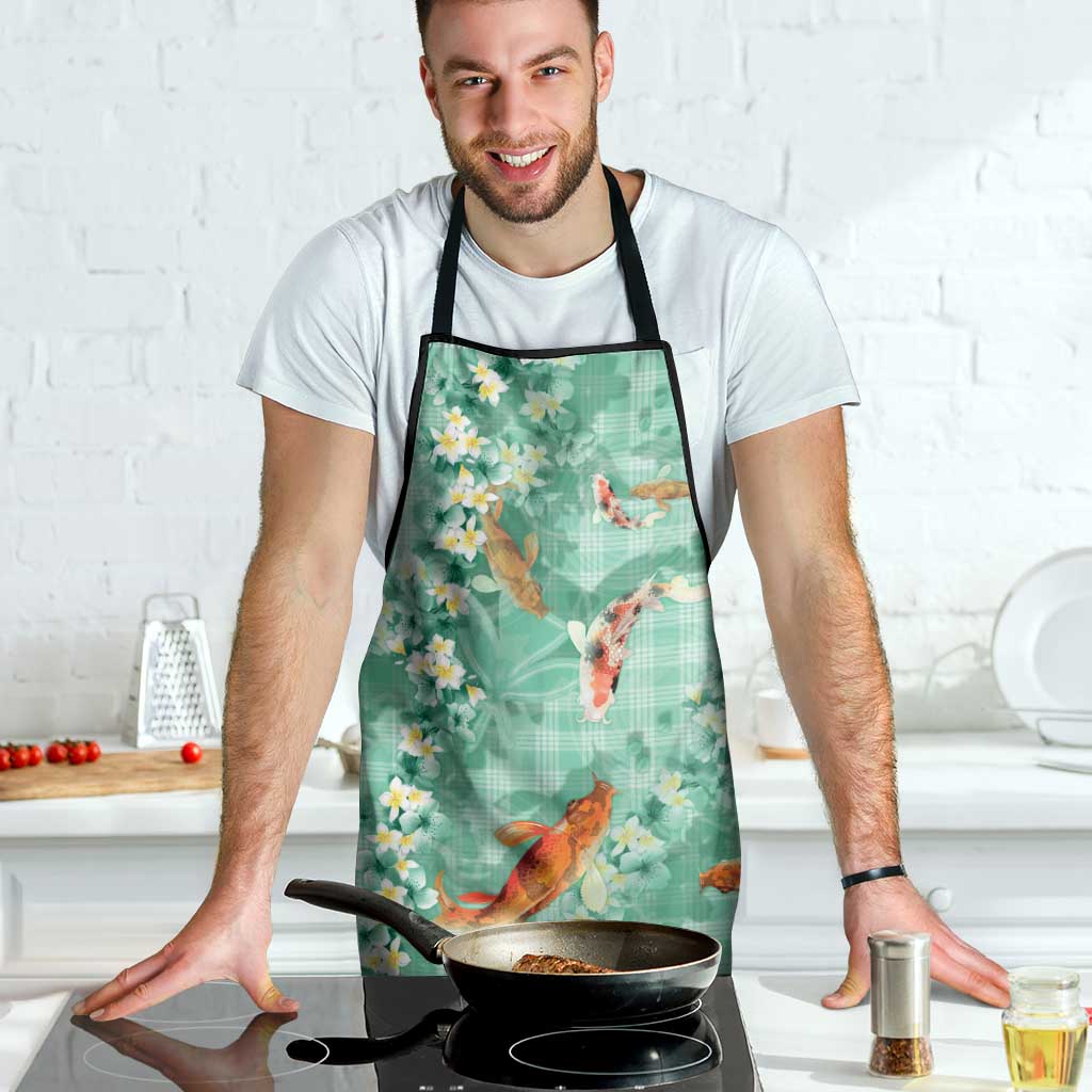 Green Palaka Hawaiian And Japanese Apron Sakura Lei With Koi Fish - Polynesian Pride