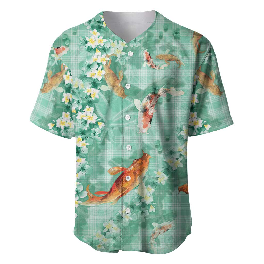 Green Palaka Hawaiian And Japanese Baseball Jersey Sakura Lei With Koi Fish - Polynesian Pride