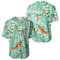 Green Palaka Hawaiian And Japanese Baseball Jersey Sakura Lei With Koi Fish - Polynesian Pride